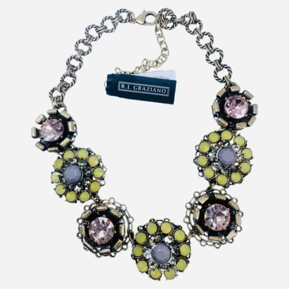 RJ Graziano Icy Pastel Couture Flower Statement Necklace 21" Brass Cottagecore